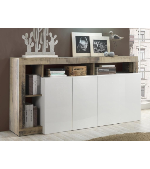 Buffet HAMBURG 4 portes – Blanc laqué brillant / Chêne Cadiz